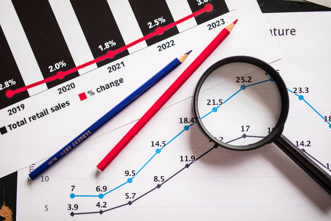 Lápis coloridos e lupa sobre gráficos de evolução e projeção de vendas.