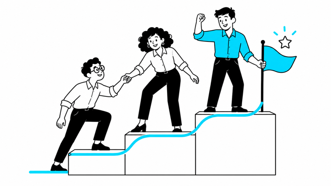 Ilustração de colegas se ajudando a avançar por etapas até uma conquista.