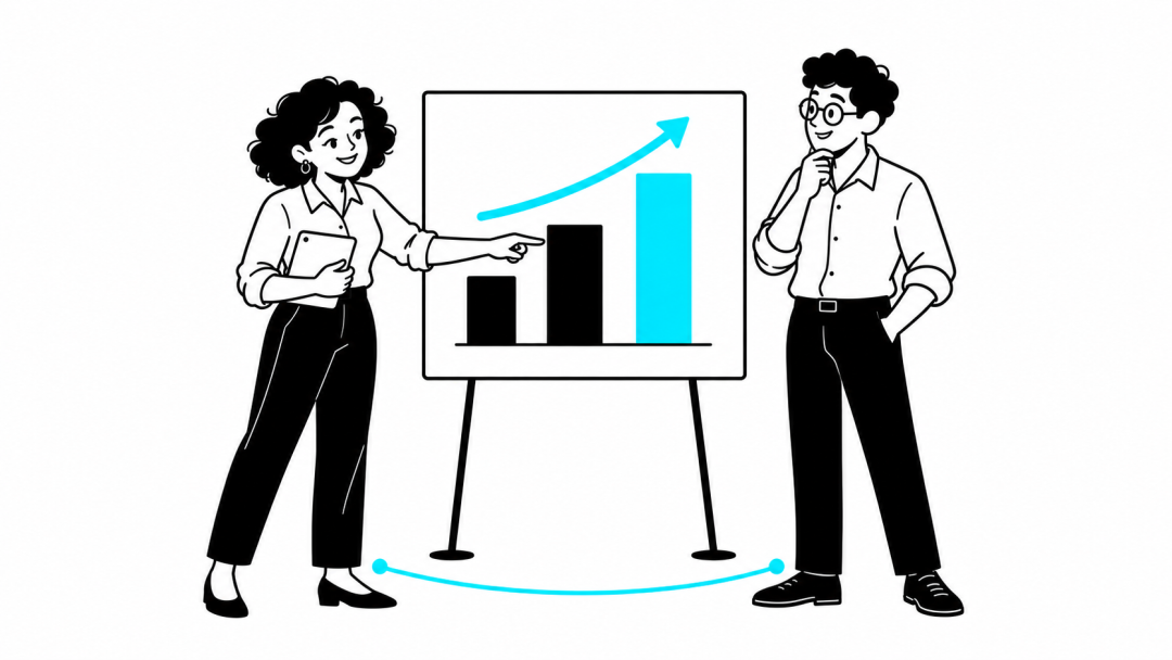 Ilustração de uma gestora e um colega analisando indicadores para decidir o próximo passo.