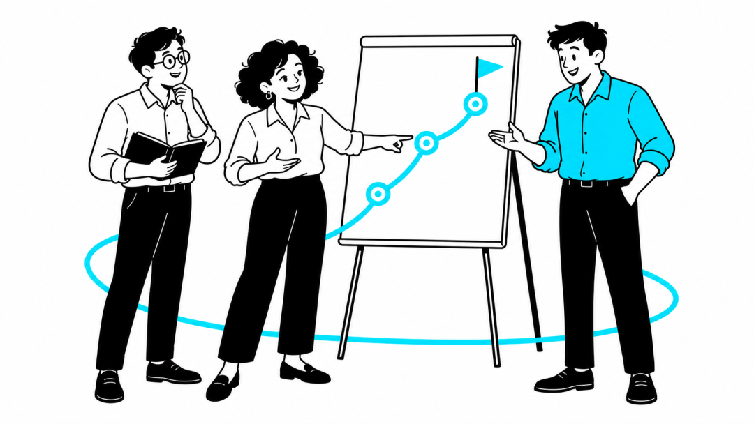 Ilustração de três colegas planejando uma jornada de metas em conjunto.